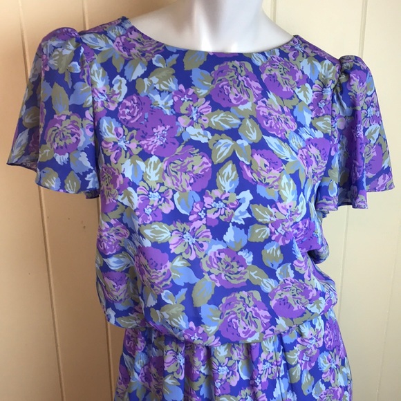 Vintage 70s/80s Blue Purple Dress w/ Floral Print - Picture 3 of 7